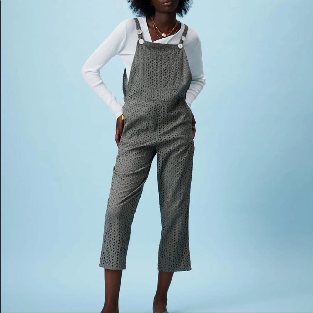 Zara Grey eyelet embroidered overalls - ankle length